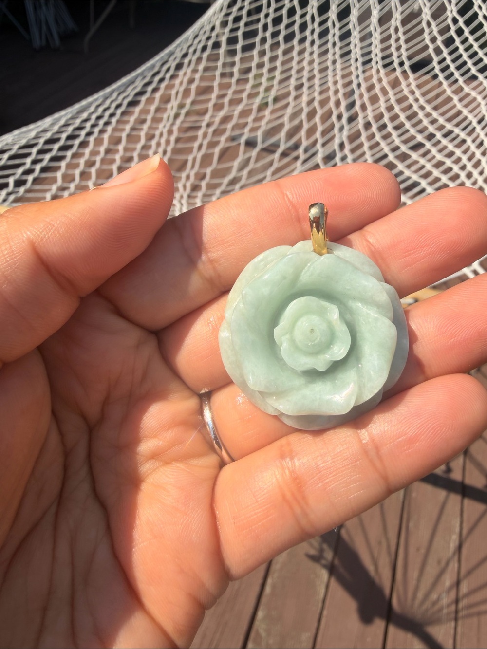 Hand-Carved Pale Green Rose Jade Pendant  14k gold
